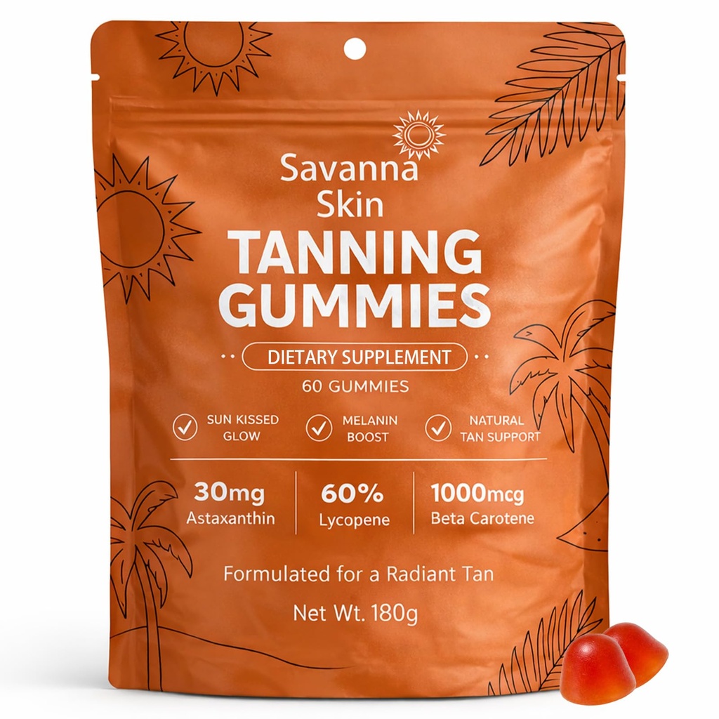 Savanna Skin Tanning Gummies, z witaminą C & E, Astaxanthina, Beta Karoten, Promieniowanie skóry i nawodnienie do naturalnego połysku wygląd, Bronzing, Non-GMO, Wegan & Sugar Free - 60 Count (1)