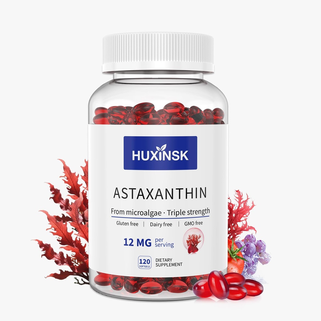 Astaksantyna 12 mg Suplementy, 120 Softgel, Max Siła Astaksantyna Suplementy przeciwutleniające, Świeże mikroalgi, 4 Miesiące dostaw, Supports Eye, Joint, Wewnętrzne krążenie, Zdrowie skóry, 1 Butelka