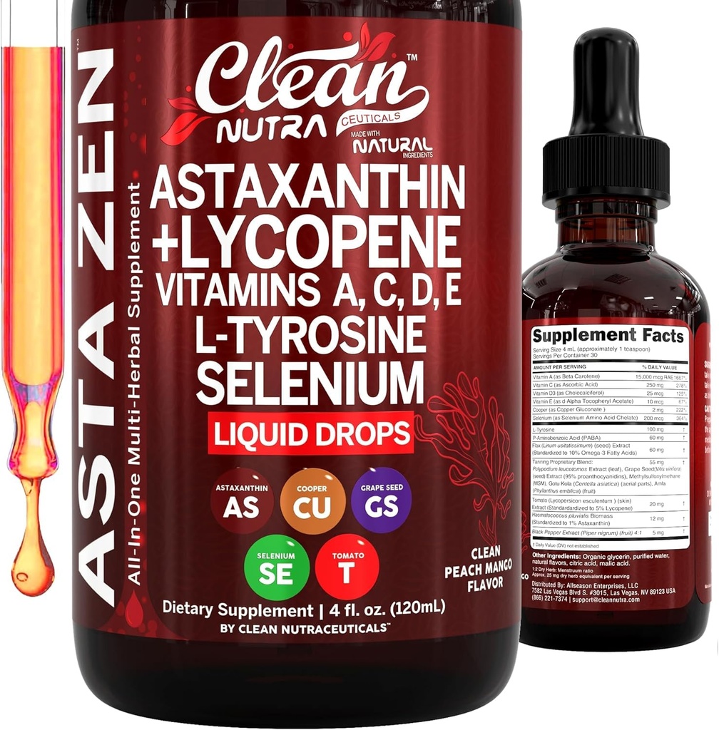Czysta Nutra Astaksantyna Likopen Płyn Krople Wchłanianie Wsparcie witaminy A C D E 4 fl oz - Potent Natural D3 C E A & Selenium L- Tyrozyna Formuła Czysty przeciwutleniacz Mieszanka Ulepszony odżywczy