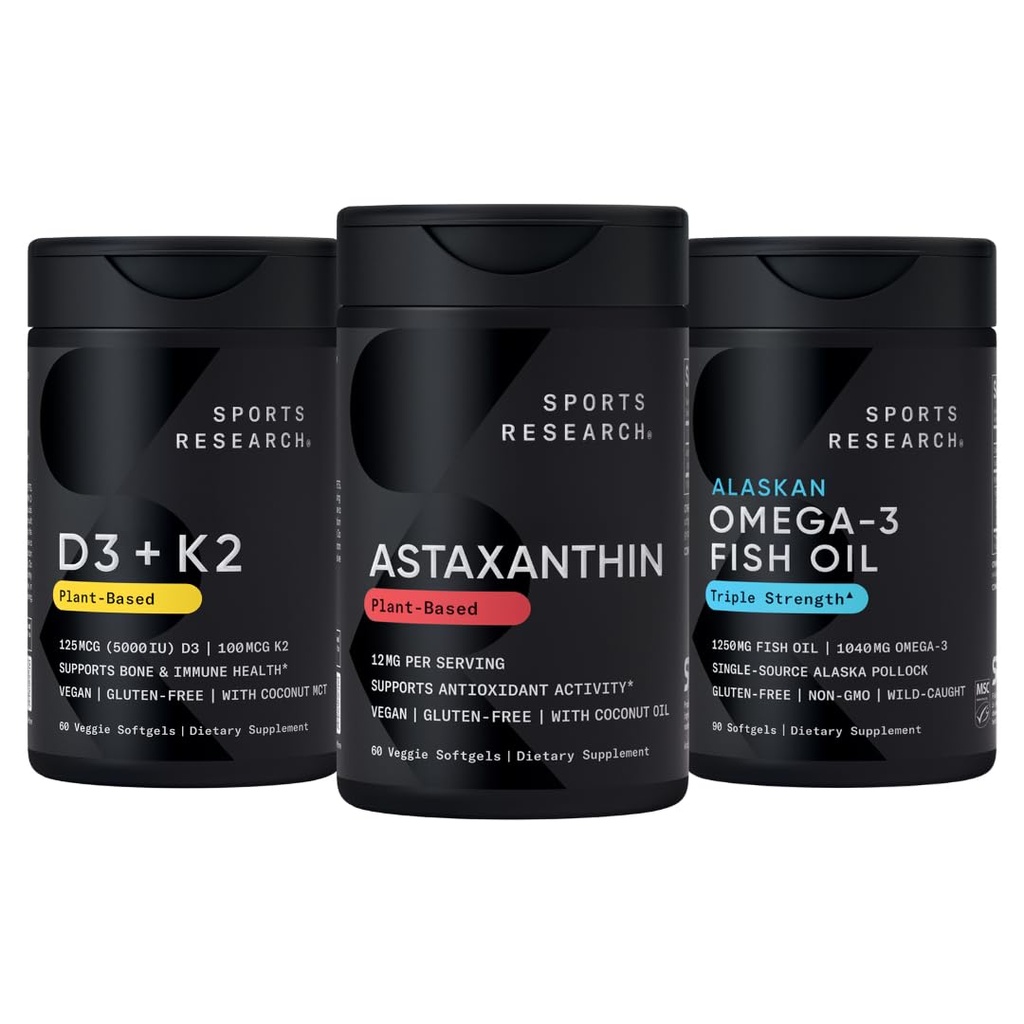 Sports Research ® Antyoksydant Support Pack w / Triple Strength Vegan Astaxanthin Supplement from Algae, Omega-3 Fish Oil 1250mg, and Witamina D3 5000iu & Mk7 Witamina K2 z kokosowym MCT Olej