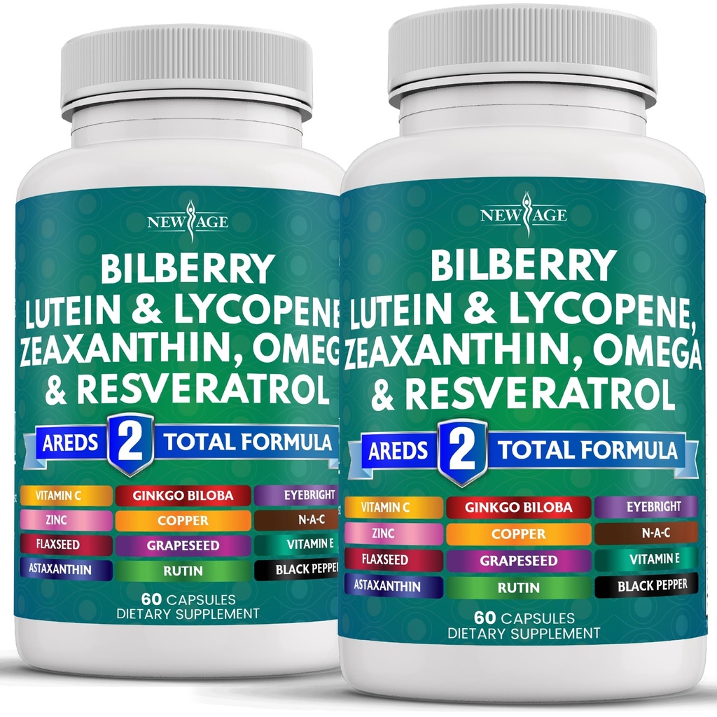 New AGE Eye Health Vitamin with Bilberry 300mg Lutein & Zeaksantyna 40mg Lycopene 40mg Resveratrol 100mg Grape Seed Extract 200mg Astaksantyna - Witamina do oczu -120