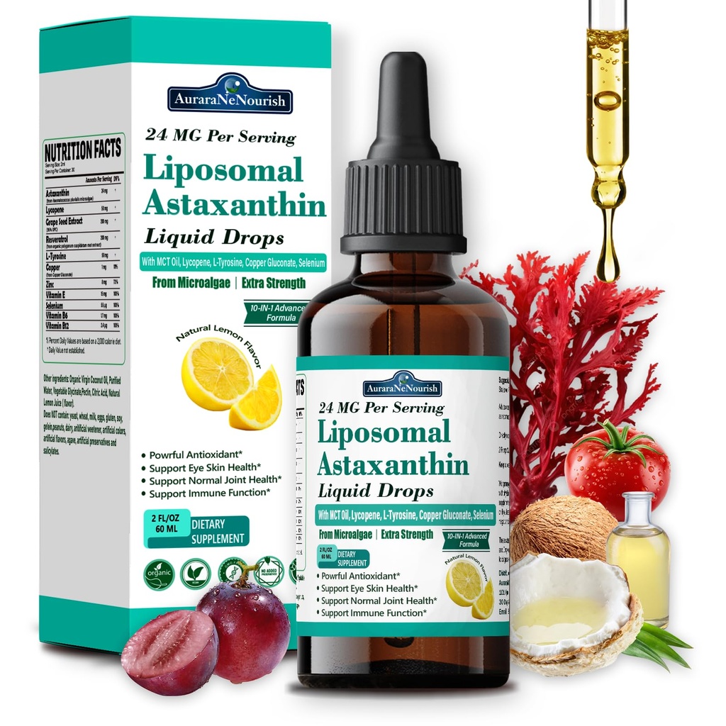 Liposomal Astaksantyna 24 mg Krople płynne, 11- in-1 Przeciwutleniacz z MCT Oil, Likopen i organiczny olej kokosowy, Świeże źródła mikroalg, Wspiera Eye Skin Joint Health dla kobiet i mężczyzn, Lemon Flavors