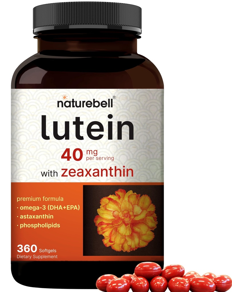 Lutein 40mg + Zeaksantyna 1,600mcg, 360 Softgels 0,124; 4-in-1 Formuła z Astaksantyną, Omega-3 i fosfolipidy 124; Marigold Flower Extract 1,600mcg; Wspiera Oko, Mózg i Wizja Zdrowie 124; Non-GMO, Gluten Free