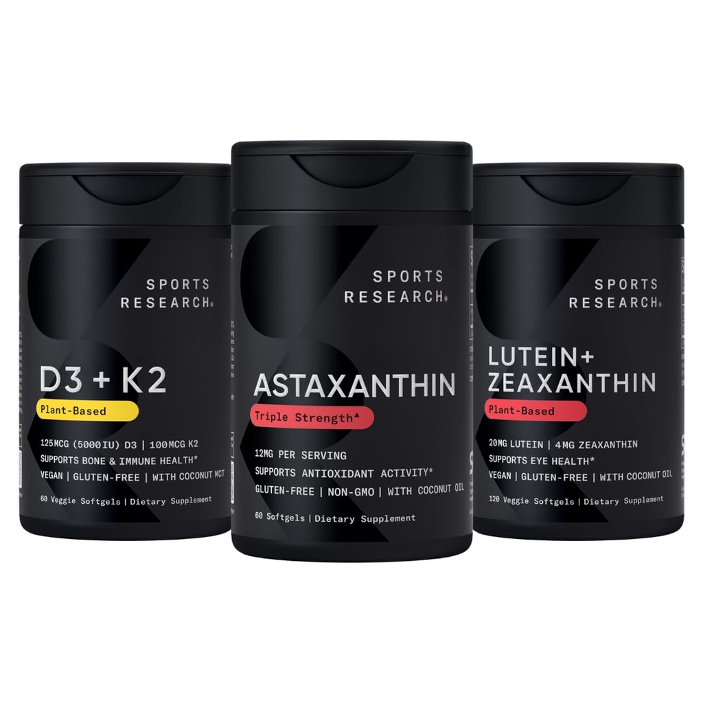 Sports Research ® Antioksydant Support Pack w / Astaksantyna 12 mg, Witamina D3 5000iu + K2 100mcg i Lutein 20mg + Zeaksantyna 4 mg Supplements - Vegan Certified · Non-GMO · Gluten & Soy Free