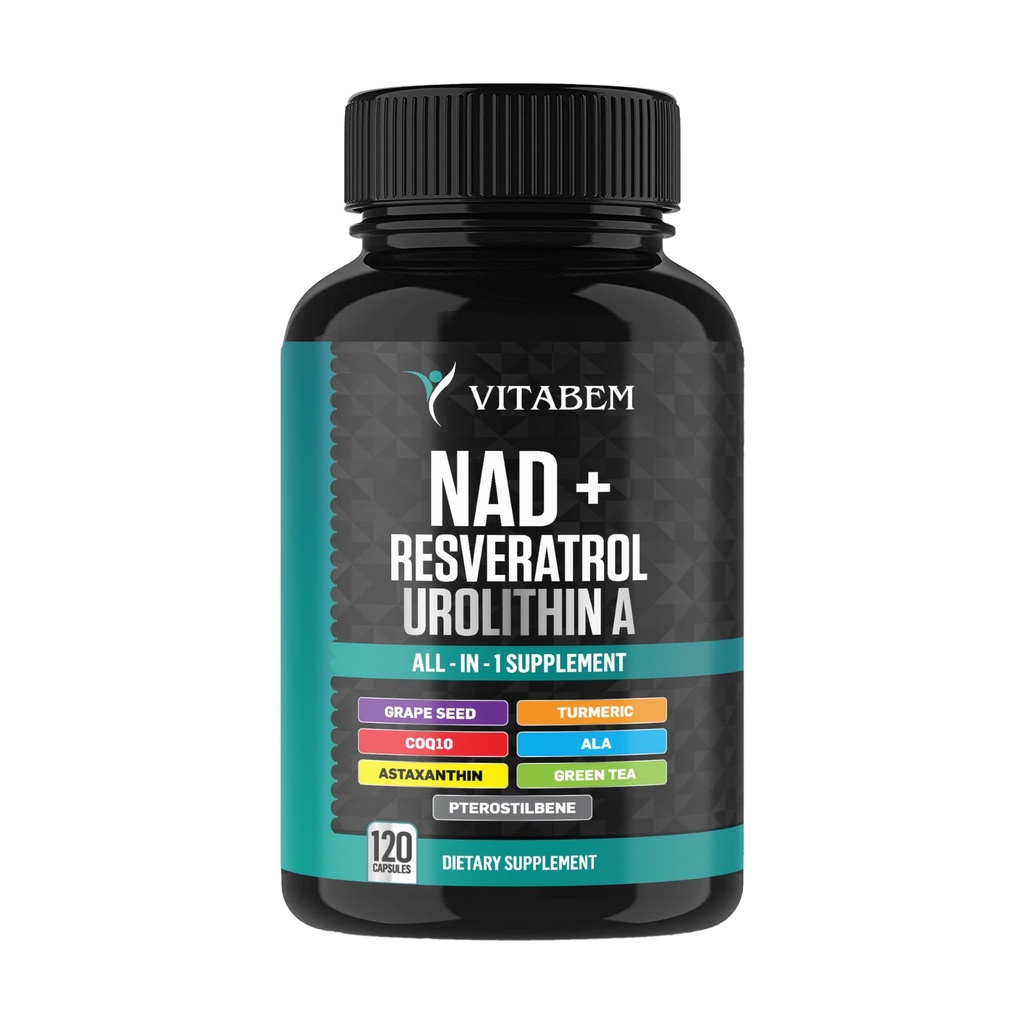 Kompleks suplementów NAD + - Suplement NAD + 300 mg z Astaksantyną, Urolityną A, Resveratrol, CoQ10 & Mieszanka przeciwutleniająca - Energia komórkowa, Wsparcie Mitochondrialne - 120 Ilość (Opakowanie 1)
