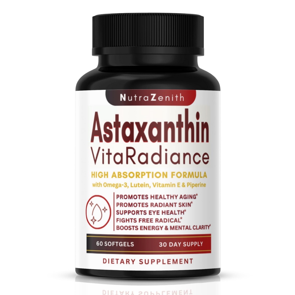 Astaksantyna Suplement z Omega-3, Witamina E & Luteina - 60 Kapsułki do Super Wsparcia przeciwutleniacza, Energy Boost, Jasność psychiczna & oko / pielęgnacja skóry - Trójmiarowa formuła działania (potężny kompleks przeciwutleniaczy)