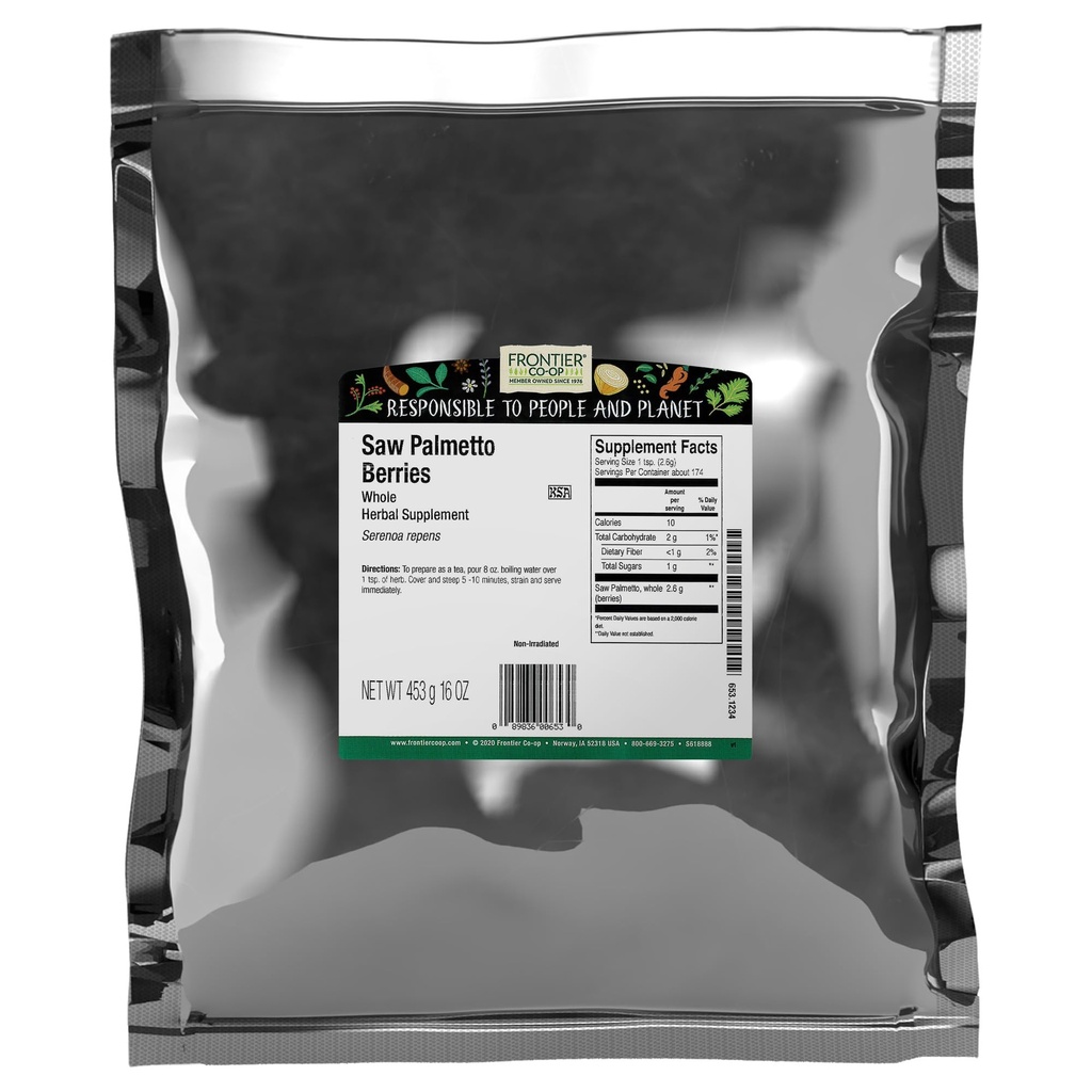 Frontier Co- op Saw Palmetto Berries, 1lb Bulk Bag - Całe, Wildcrafted Berries - Bogate w tłuste acidy - Idealny do Saw Palmetto Tea i zdrowe przepisy