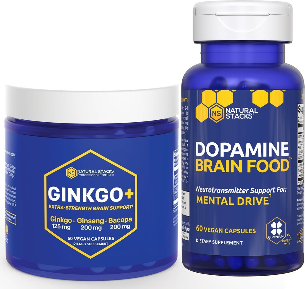 NATURAL STAKS Ginkgo Biloba + Dopamina Brain Food Bundle - Pomaga Focus & Mental Drive * - 120 Kapsułki ogółem