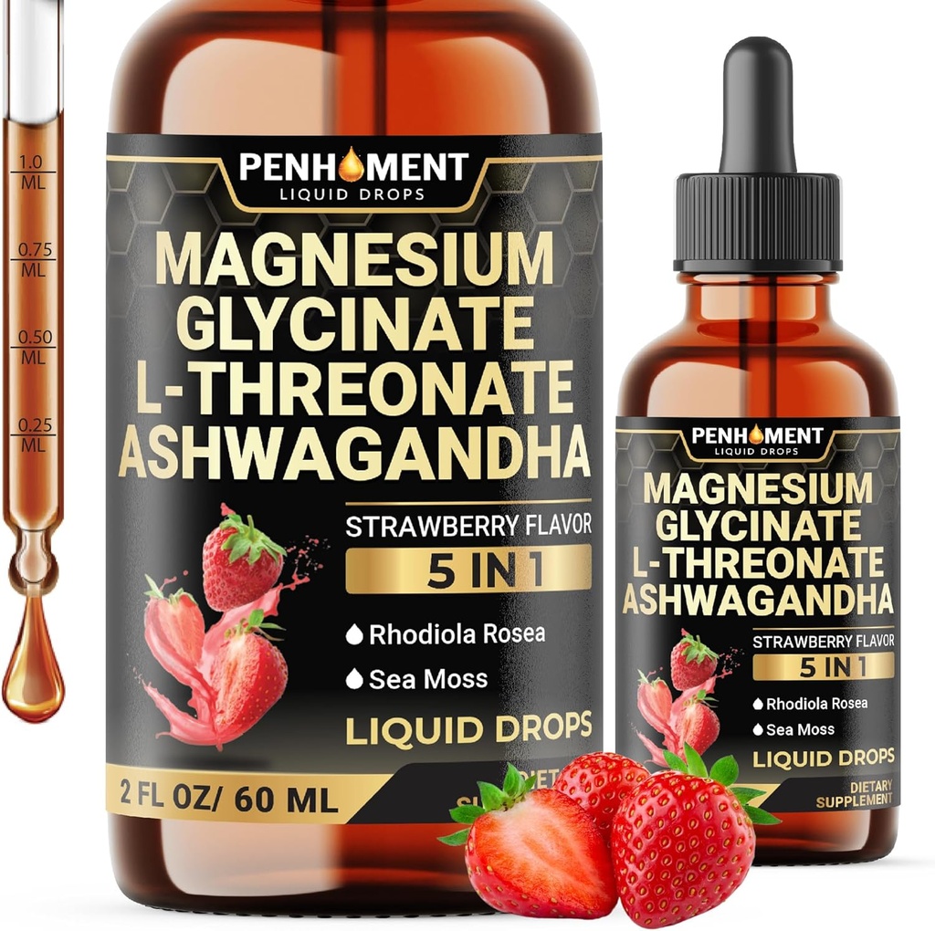 5in1 Magnezu Glicynian płynny krople z Ashwagadha Extract, Magnezu L- Threonian, Rhodiola Rosea, Sea Moss - Wsparcie mózgu i immunologiczne - 2 Fl Oz - Dostawa 30- Dzień - Truskawki Flavor