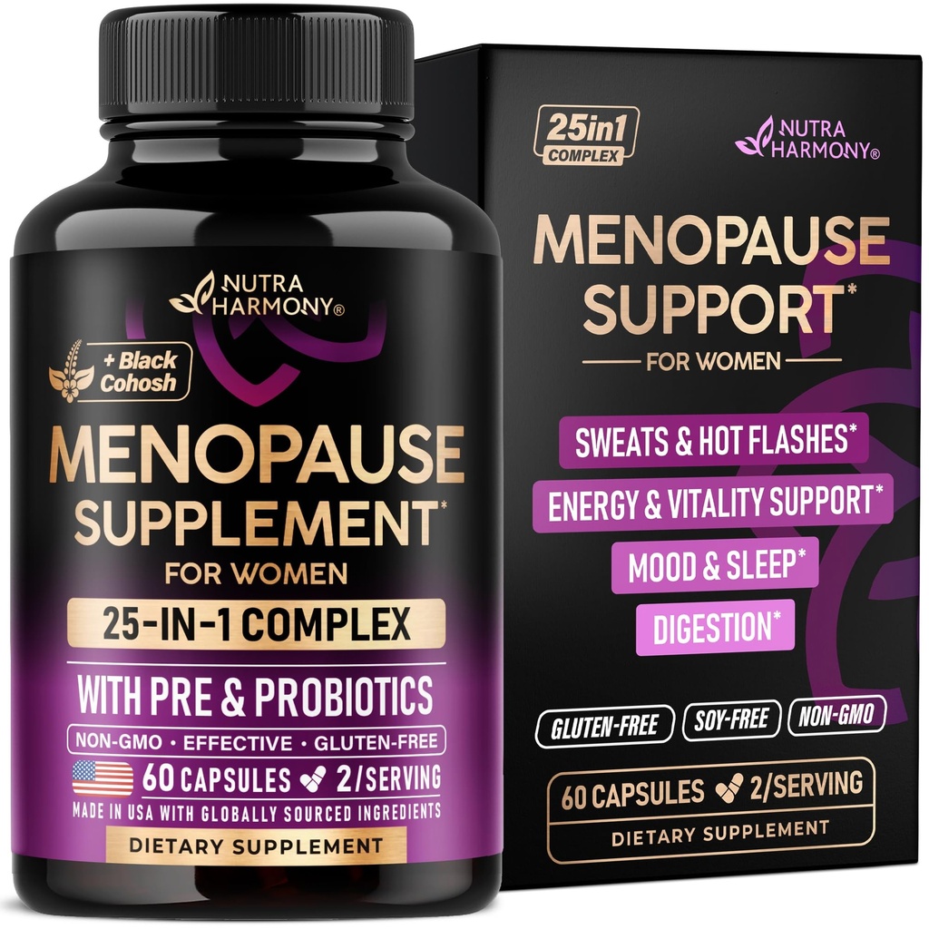 Menopauza Suplementy dla Kobiet - Dong Quai, Black Cohosh, Pre & Probiotyki - Pot & Hot Flash Relief - Trawienie, Sleep & Mood Support - 25- in-1 Perimenopause Complex - Made in USA - 60 Kapsułki