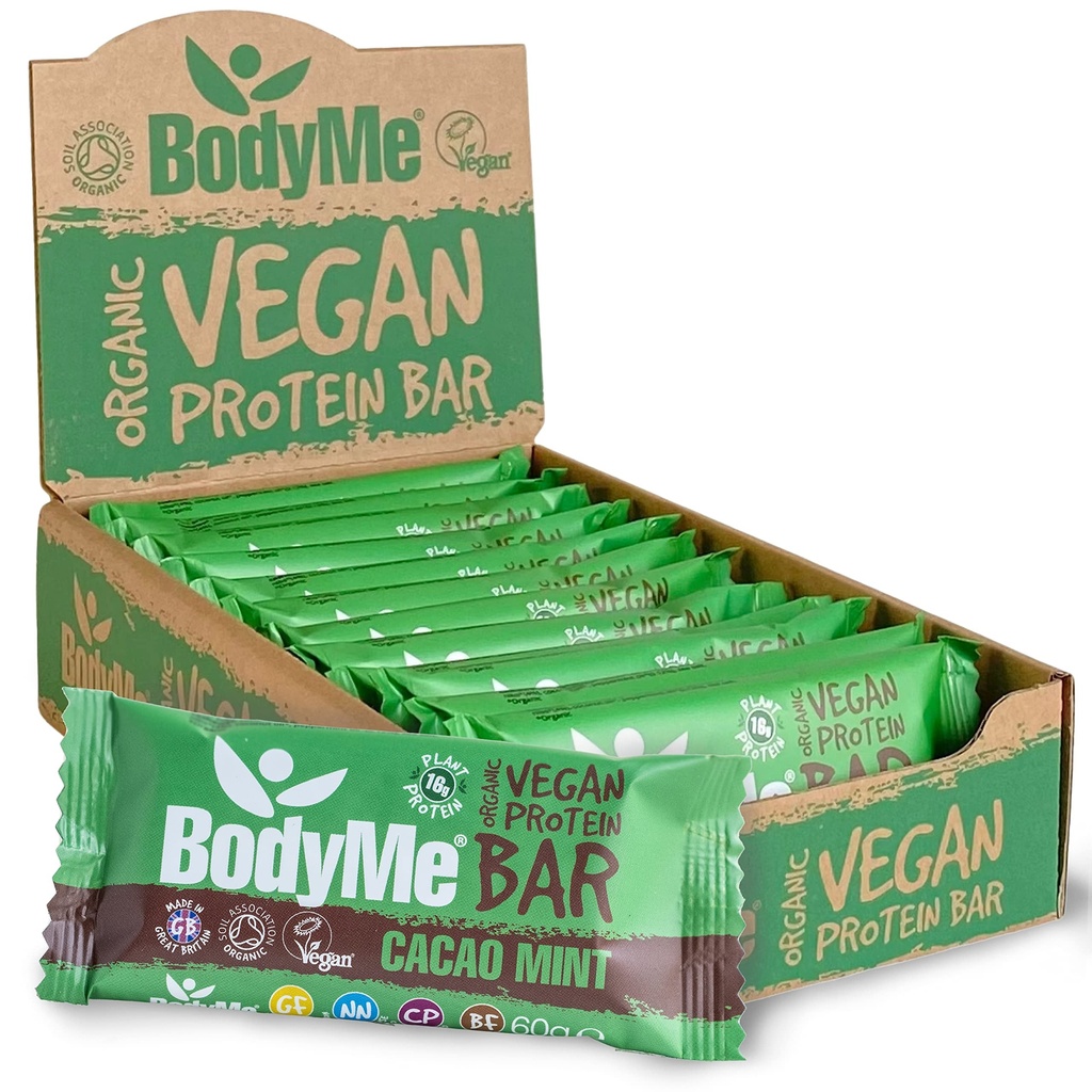 BodyMe Organic Vegan Protein Bar Xi124; Raw Cacao Mint Xi124; Pudełko 12 x 2.12oz (60g) Xi124; z 3 białkami roślinnymi