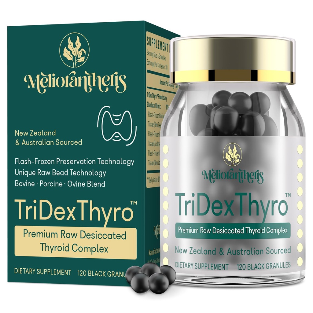 Suplement do tarczycy - Raw TriDexThyro ™ Kompleks Thyroid Desiccated 375 mg z bydłem, świnką i owcą - 120 Kapsułek dla kobiet i mężczyzn 1 Opakowanie