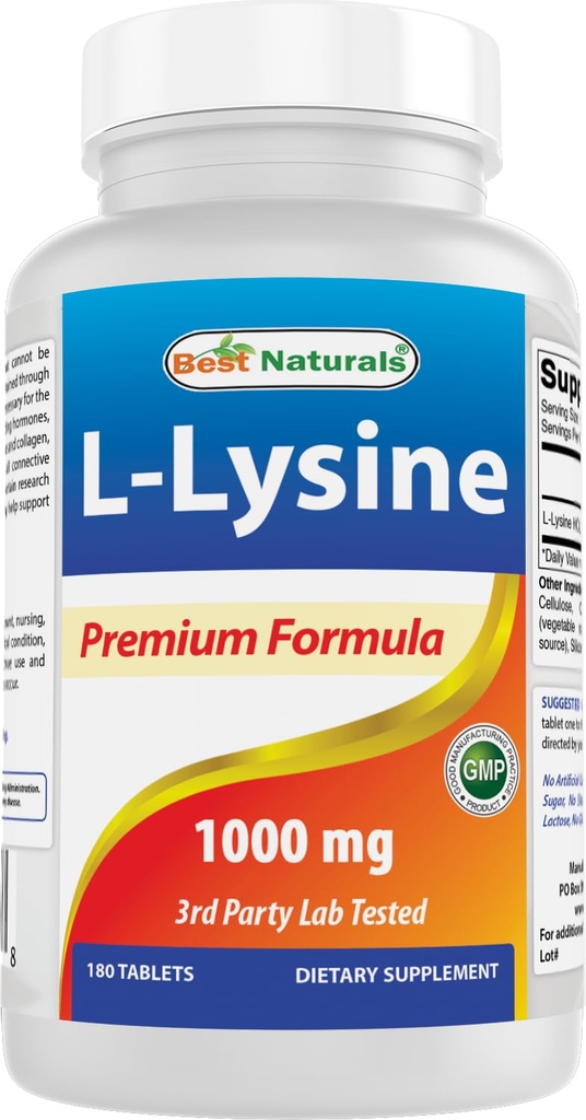 Best Naturals L- Lysine 1000mg 180 Tablets - Podwójna siła Lysine dla silniejszego zdrowia immunologicznego i opryszczki