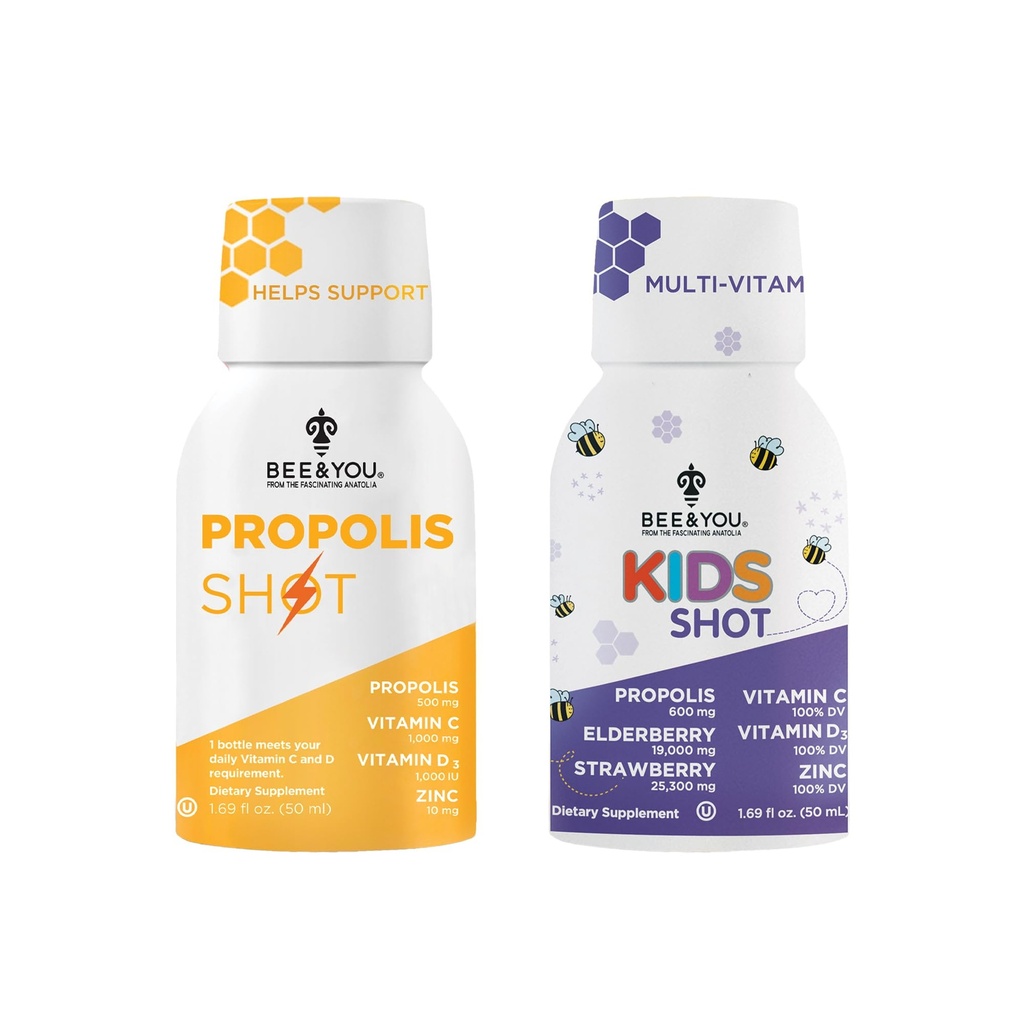 Bee and you Propolis Shot and Kids Shot Bundle, Natural Propolis Shot Supplement, Przeciwutleniacze, Witamina C, VIT D3, Cynk, Sok pomarańczowy, Raw Honey 2 * 12 Butelki