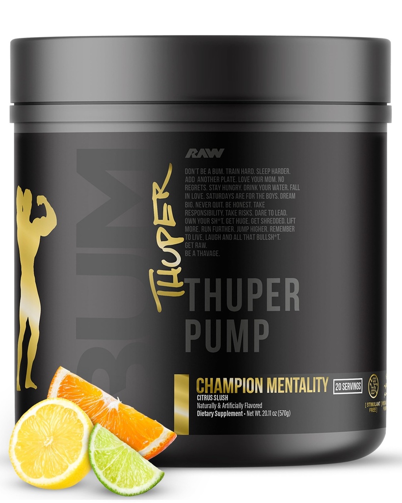 RAW Thuper Pompa Stim Free Pre Workout Powder - Wysoka dawka Kawiarnia Free Workout dla Max Pompy mięśni i Siła Building - Non-Stymulant Precuting with Creatine - 20 Sług, Mistrz Mentality