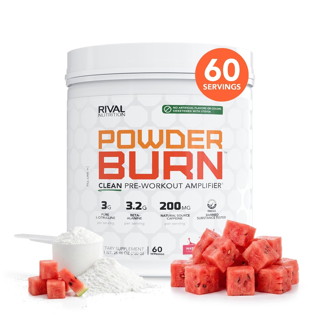 RIVAL NUTRITION Powder Burn Pre- Workout Energy Powder for Men and Women I Artermelon Candy, 60 Służenia 124; Czyste składniki I 3g L- Citrulina, 3,2g Beta- Alanina i 200mg naturalna kofeina Per Serving