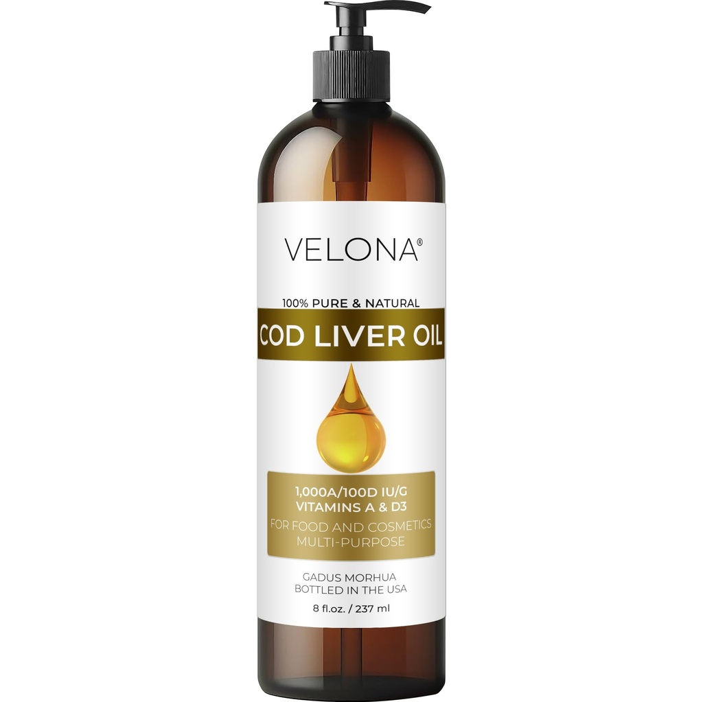 Velona Cod Liver Oil - 8 Fl Oz XI124; 1,000A / 100D IU / g Omega 3 witaminy A & D3 XI124; Norwegian Arctic Sustainable Sourced Nordic Oil XI124; Włosy, Ciało i pielęgnacja skóry XI124; Dzisiaj - Enjoy Results