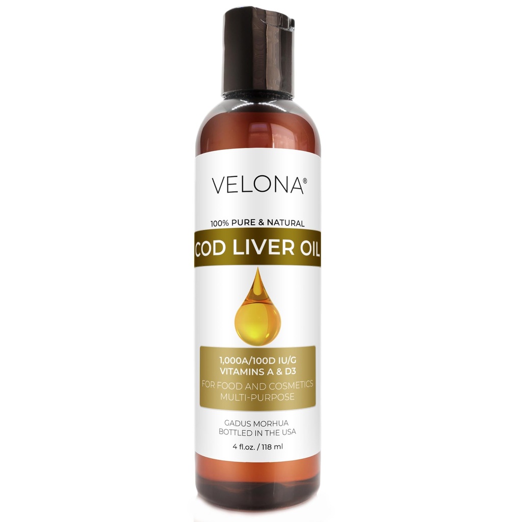 velona Cod Liver Oil - 4 Fl Oz | 1,000A/100D IU/g Omega 3 Vitamins A & D3 | Norwegian Arctic Sustainably Sourced Nordic Oil | Hair, Body and Skin Care | Use Today - Enjoy Results