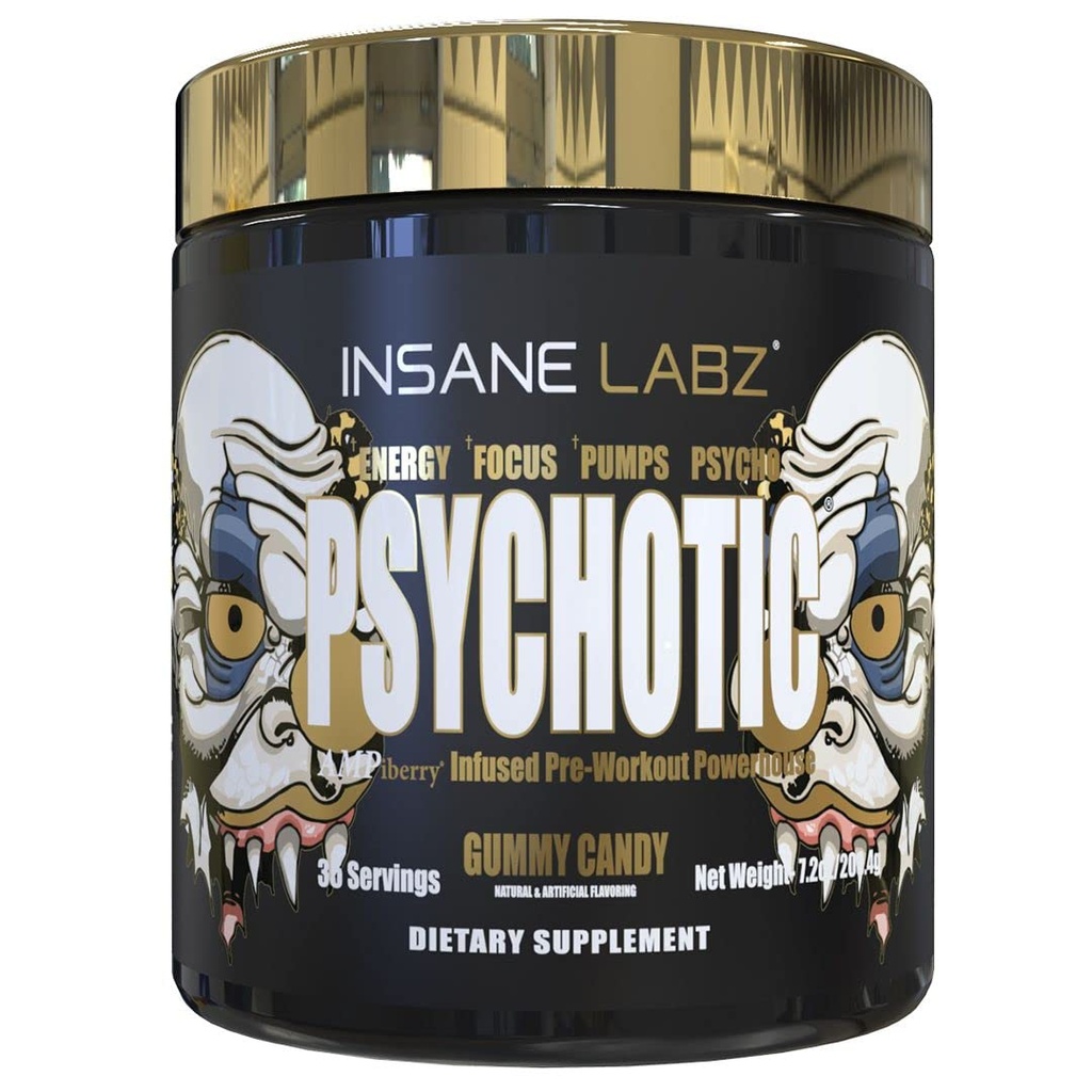 Szalony Labz Psychotic Gold, High Stimulant pre Workout Powder, Extreme Lasting Energy Focus, Pompy i Endurance z Beta Alanine, DMAE Bitartrate, NO Booster (35 Sługi, Gummy Candy)