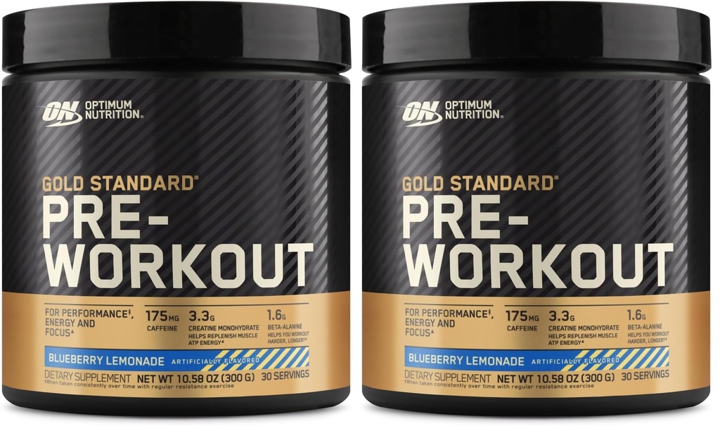 Optimum Nutrition Gold Standard Pre- Workout, Witamina D do wsparcia immunologicznego, z Creatine, Beta- Alanina, i kofeiny dla energii, Keto Friendly, Blueberry Lemonade, 30 Sług, (Opakowanie 2)