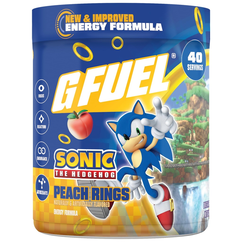 G Paliwo Sonic 2.0 Energy Drink Powder, Pre Workout Cafeline Mix for Gaming, Sugar Free Focus Amino, Witamina + Przeciwutleniacze, 9.8oz (Peach Ring Candy, 40 Servings)