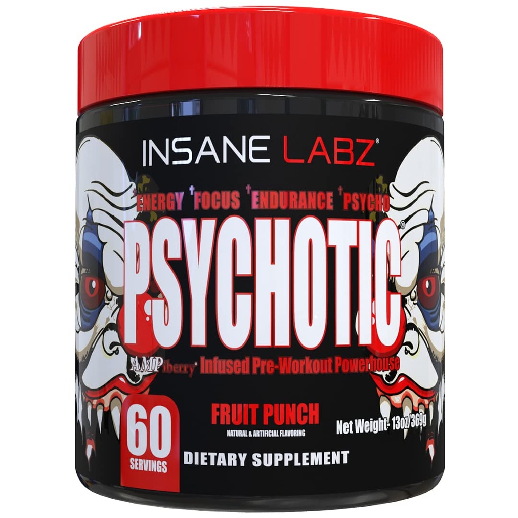 Psychotyczny, intensywny proszek do przygotowania, ekstremalna energia długotrwała, koncentracja i wytrwałość z Beta Alanine, monohydrat kreatynowy, DMAE, 60 Srvgs, owocowy Punch