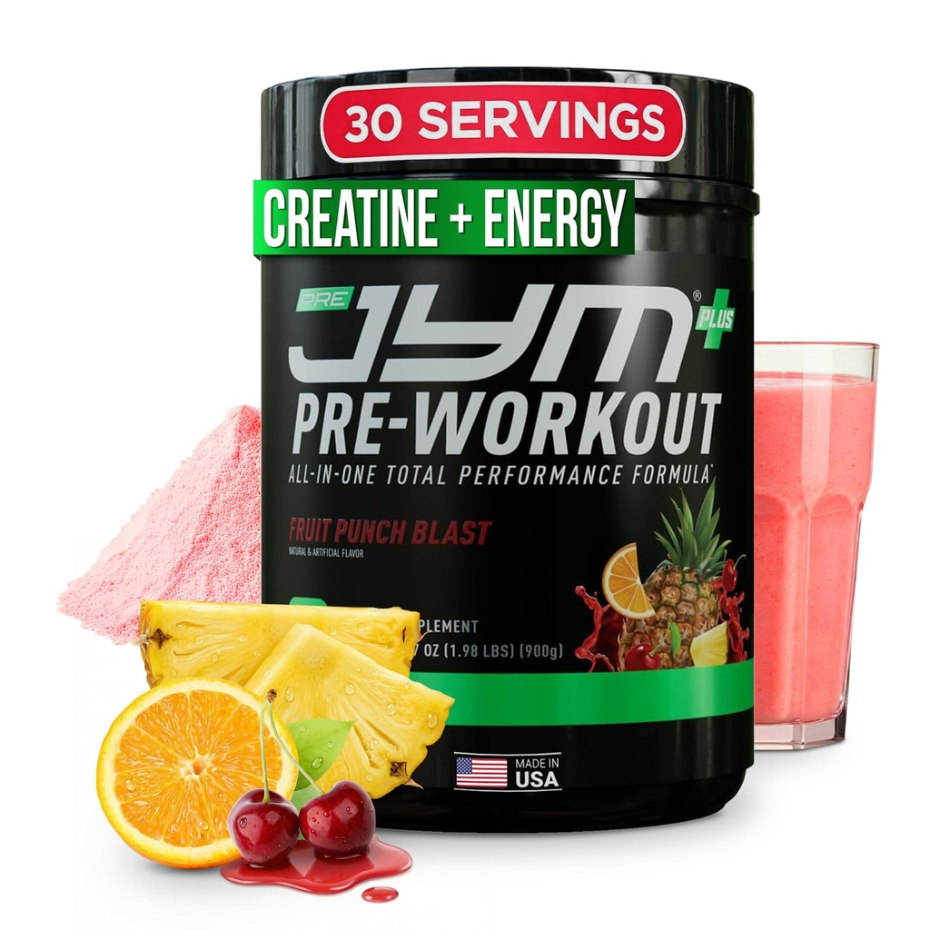 JYM Supplement Science Pre JYM Plus owoce Punch Pre- Workout Proszek, Amino azotany, Kreatyna, Betaine, Nootropiki, BCAA, dla mężczyzn i kobiet, 30 Służenia