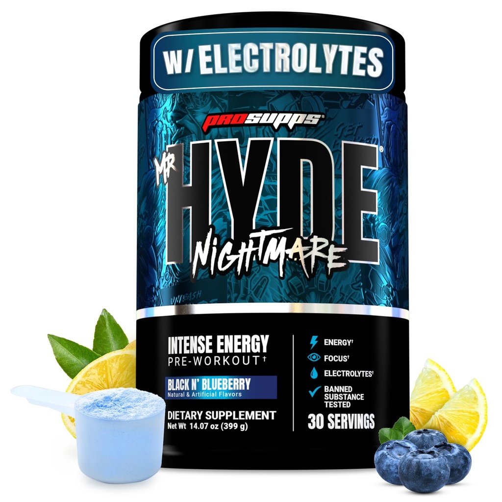 ProSupps Mr Hyde Nightmare Pre Workout Powder z kofeiną & Beta Alanine - Wstępny trening dla intensywnej energii, Mental Focus & Performance - Siłownia i suplementy fitness (Black N 'Blueberry, 30 Służenia)