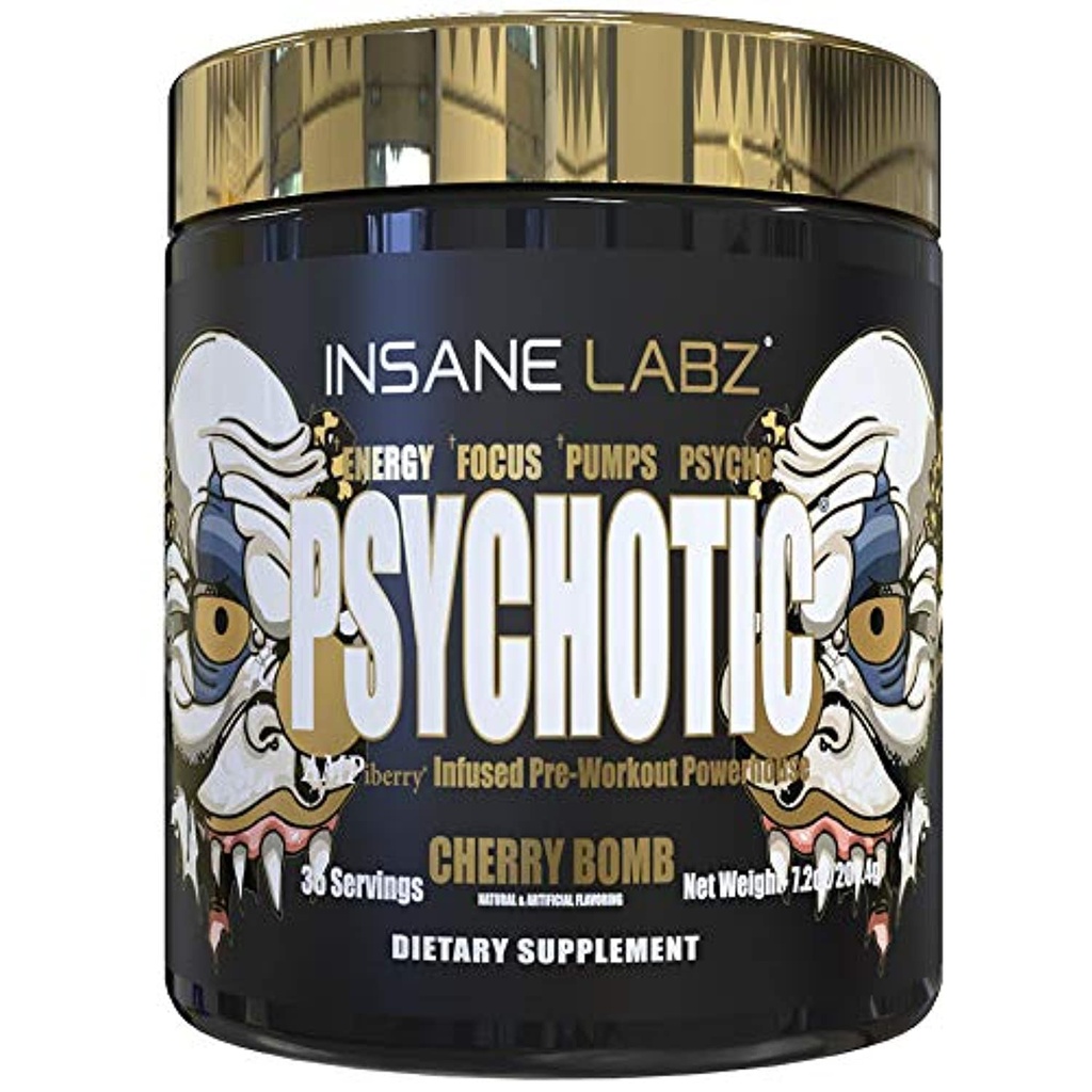 Szalony Labz Psychotic Gold, Wysoki Stymulant pre Workout Powder, Extreme Lasting Energy Focus, Pompy i Endurance z Beta Alanine, DMAE Bitartrate, NO Booster (35 Służenie, Cherry Bomb)