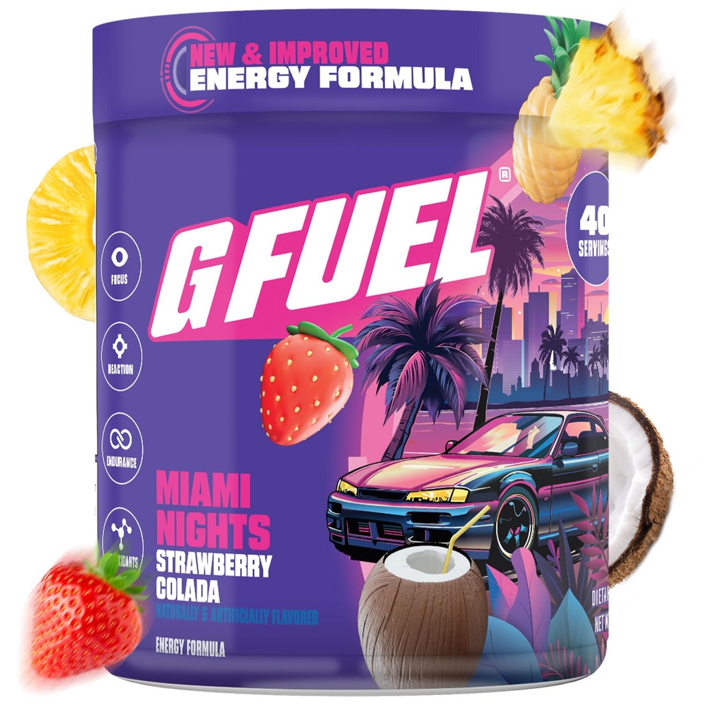 G Paliwo Miami Nights 2.0 Energy Drink Powder, Pre Workout Cafeline Mix for Gaming, Sugar Free Focus Amino, Witamina + Przeciwutleniacze, 8.7oz (Truskawka Pina Colada, 40 Sług)