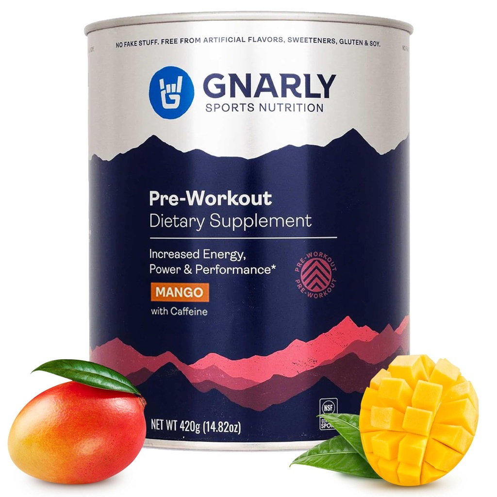 Gnally Nutrition Natural Pre- Workout Powder, Mango - NSF Contents Certified, Endurance & Recovery - Vegan Pre- Workout, Sports Nutrition - Mango z kofeiną, 14.82 oz