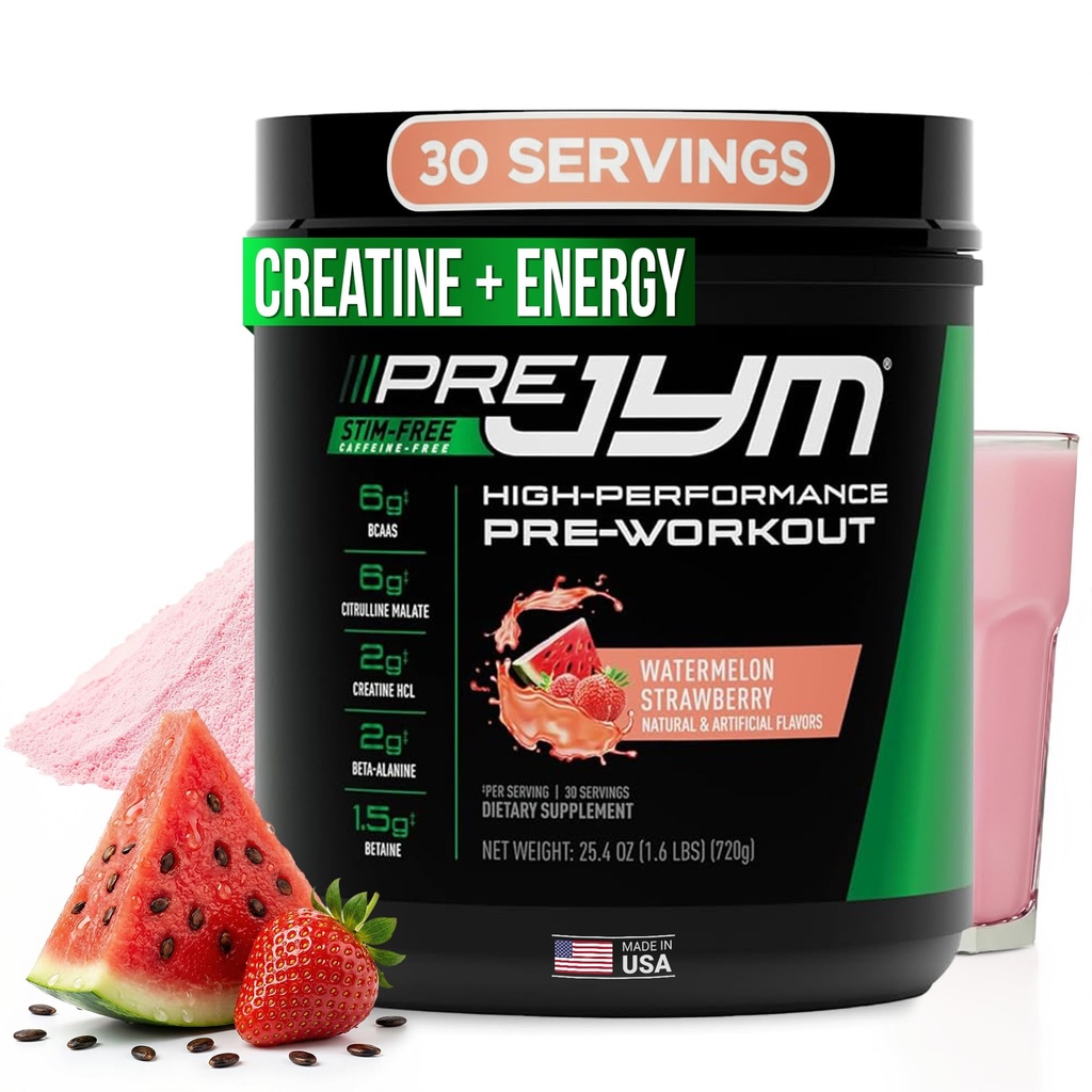 Pre JYM Stim Wolny Arbuz Truskawka Pre- Workout Proszek, Kreatyna, No Kofeina, Cytrulina, Betaine, BCAA, Tauryna, Alpha- GPC, Huperzine, 30 Służenie