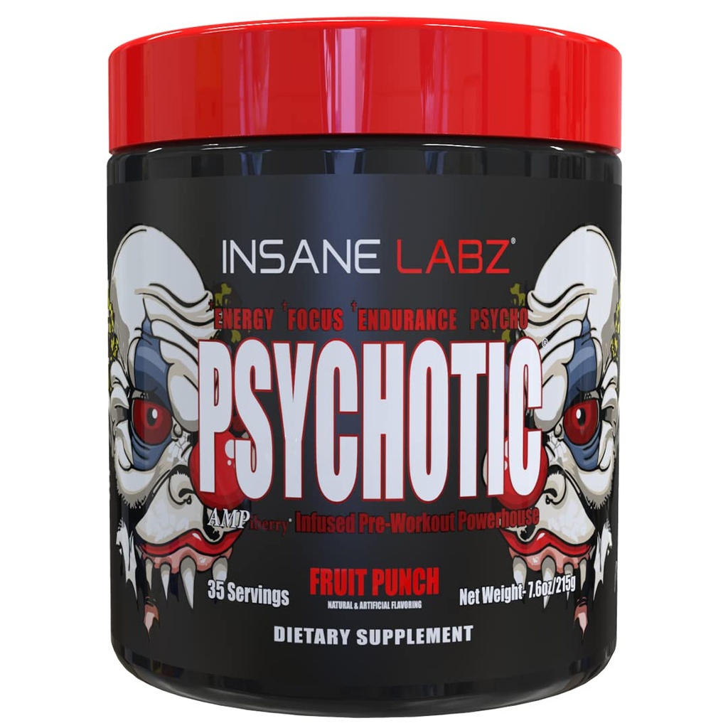 Psychotyczny obłęd Labz, silny stymulant w proszku, ekstremalna energia długotrwała, koncentracja i wytrwałość z Beta Alanine, jednowodny DMAE dla kreaturek, 35 Srvgs (Fruit Punch)
