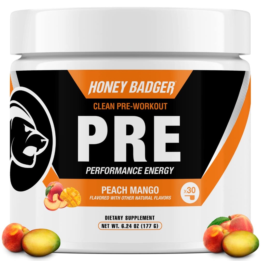 Miód Borsuk pre Workout Proszek, Keto Vegan Precuting dla mężczyzn i kobiet, Beta Alanina & Kofeina, Sugar Free Natural Energy Supplement, Peach Mango, 30 Służenia