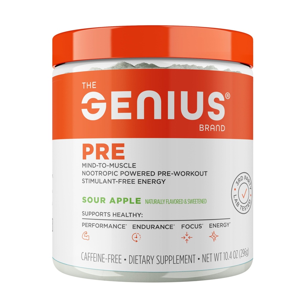 Genius Pre Workout Powder, Sour Apple - All- Natural Nootropic Pre- Workout & Coffeine-Free Acidic Oxide Booster Suplement z Beta Alanine & Alpha GPC - Brak sztucznych aromatów, Sweeteners lub barwników