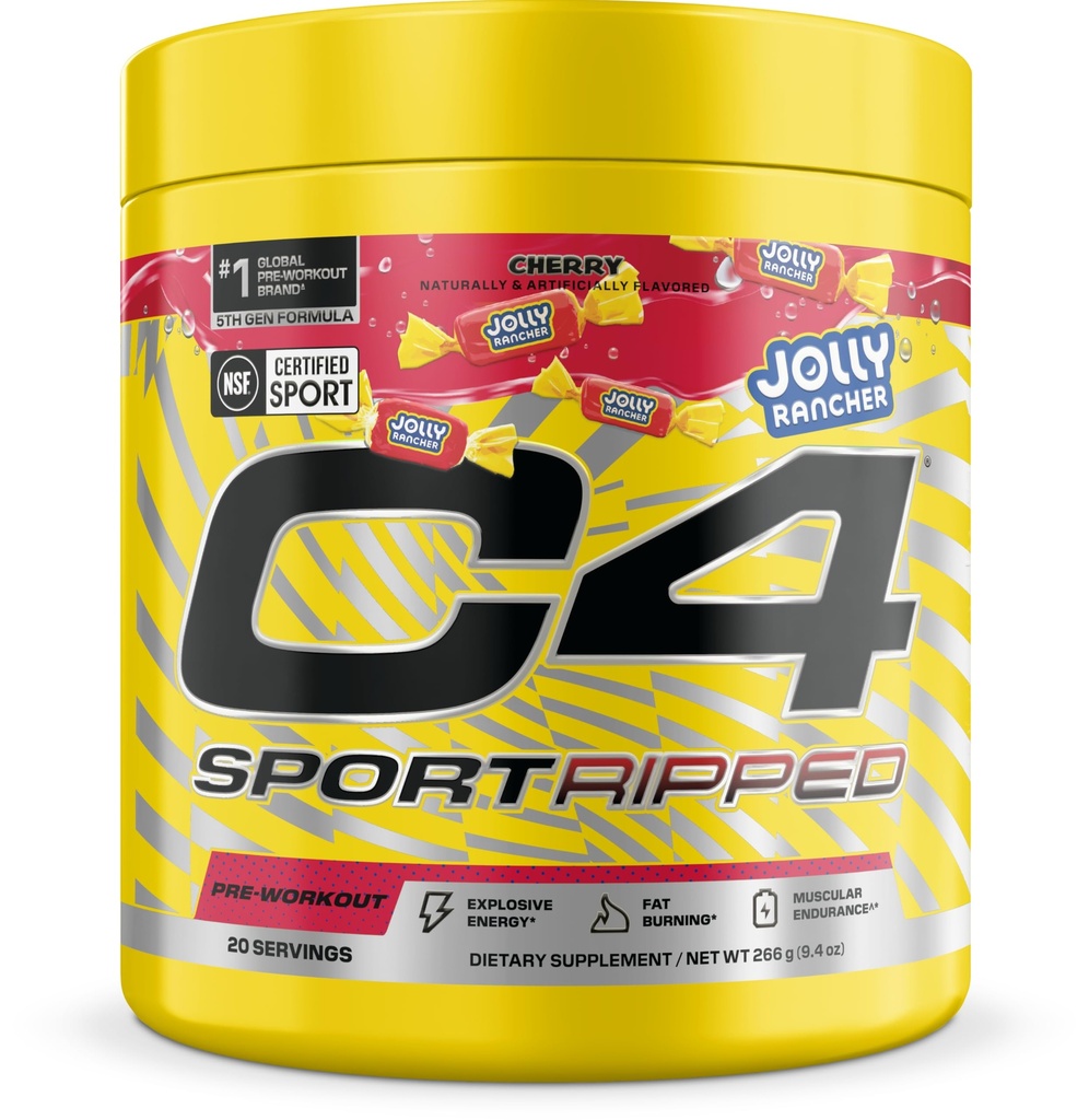 C4 Sport Ripped Pre Workout Powder - Jolly Rancher Cherry - NSF Certified for Sport - Elite Hydration - 200mg Caffeine + Creatine + Beta-Alanine - Electrolytes and Energy - 20 Servings