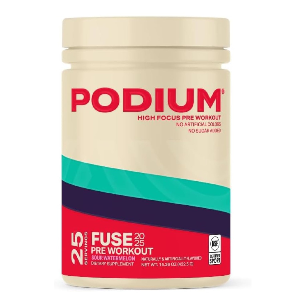 Podium Nutrition, Fuse 2025 Wstępny trening proszku, Sour Arbuz, 25 Służenia, Beta Alanina i kofeina dla energii, Gluten Free, Soy Free, Dairy Free