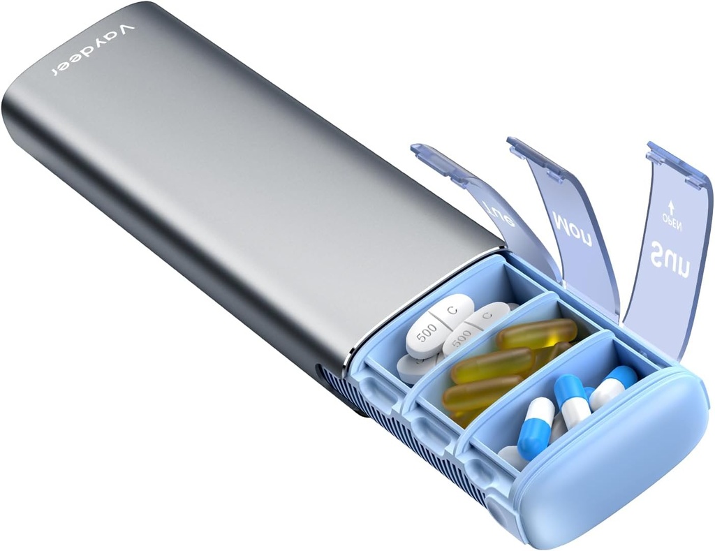 Wayjen Metal Travel Pill Organizator, 7 Cotygodniowe Pudełko Pill, Duża pojemność codziennie Cute Pill Case na suplementy, Pigułki, Witaminy i lekarstwa (Małe, Gunmetal)