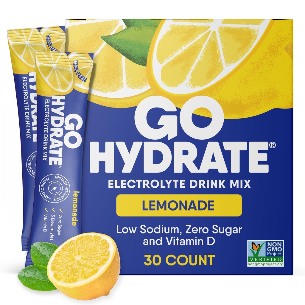 GoHydrate Niskie elektrolity sodu w proszku Pakiety cukrowe - Natychmiastowa Hydration Codzienny napój Mix - Zero Sugar Water Flavor Packet Singles z witaminą D - (Lemonade, 30 opakowań)