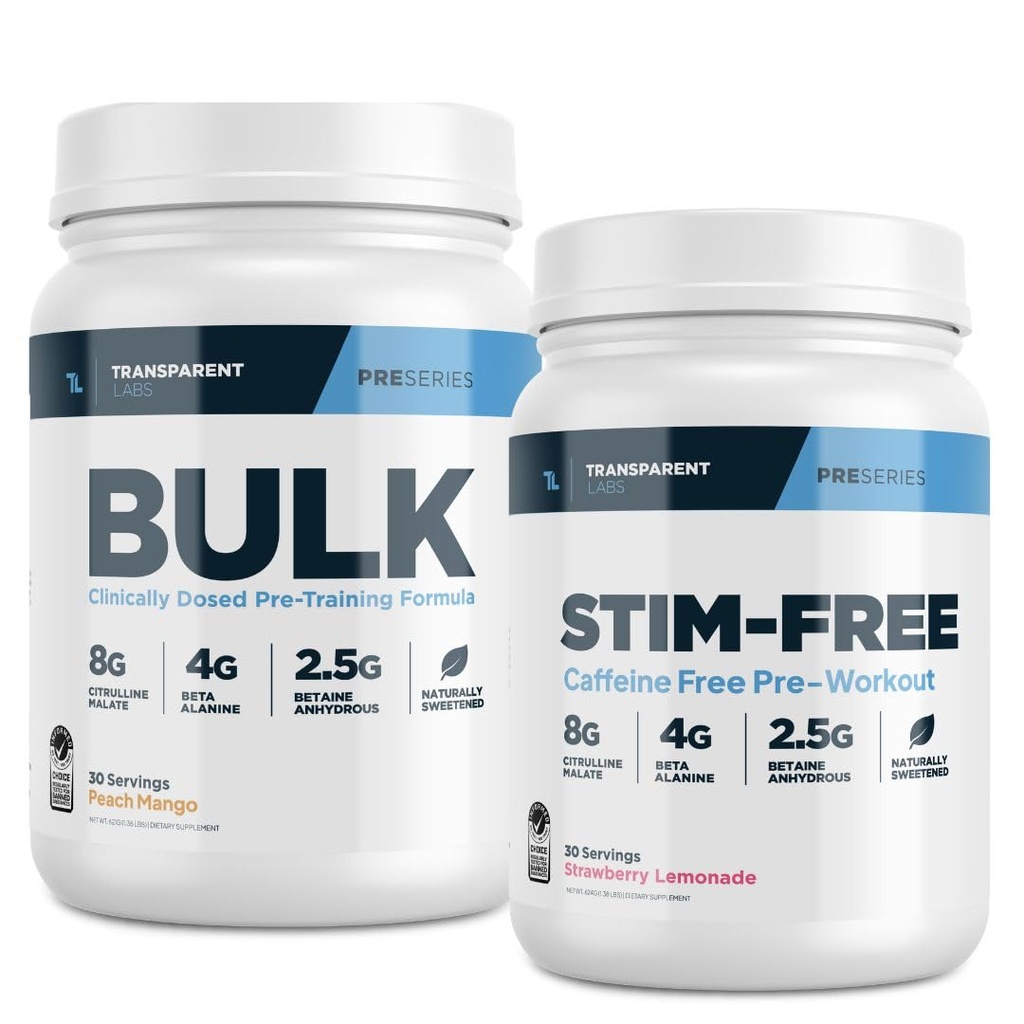 Transparent Labs luzem w proszku (30 Servings, Peach Mango) i bez stymulacji w proszku (30 Servings, Truskawka Lemoniada)