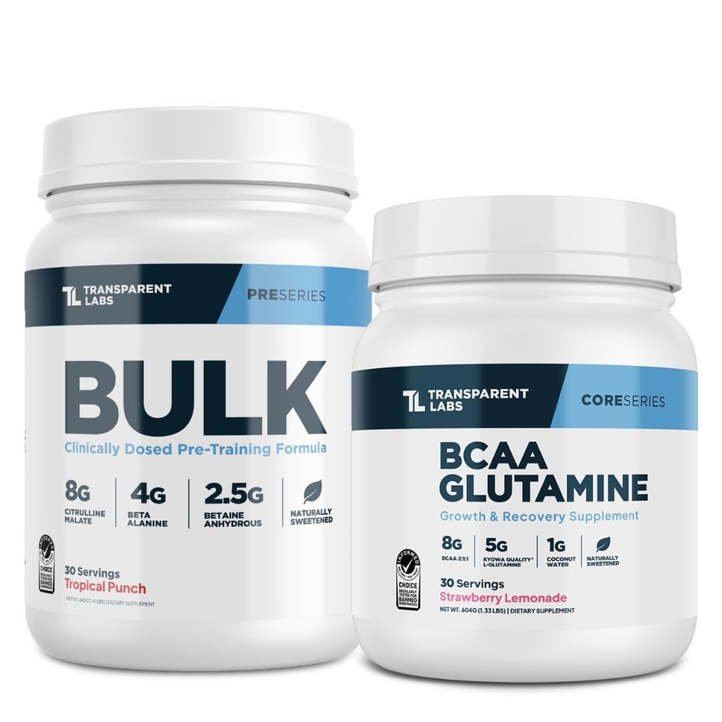 Przezroczyste Labs luzem pre-Workout (30 Servings, Tropical Punch) & BCAA Glutamina (30 Servings, Truskawka Lemoniada)