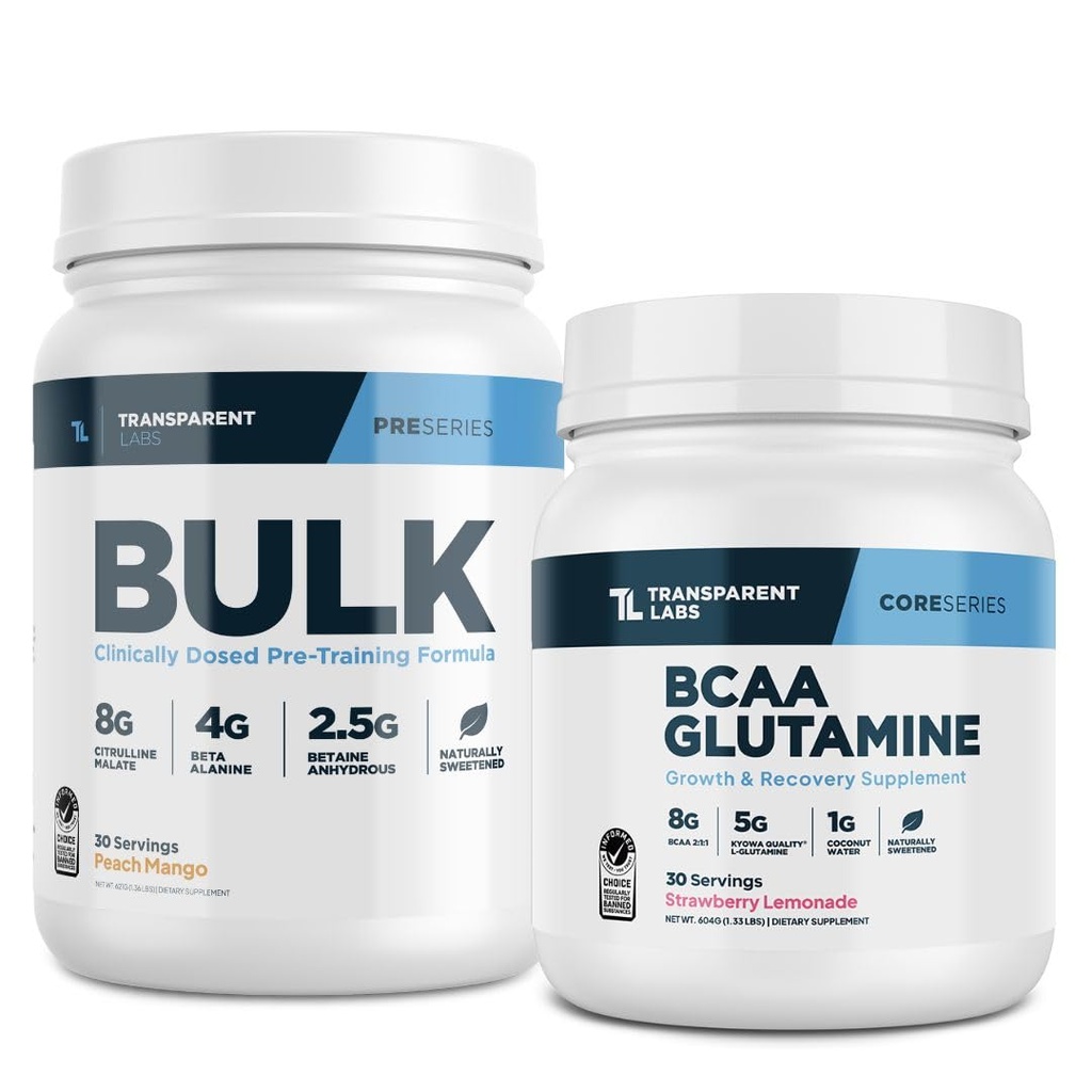 Transparent Labs luzem pre-Workout (30 Servings, Peach Mango) & BCAA Glutamina (30 Servings, Truskawka Lemoniada)
