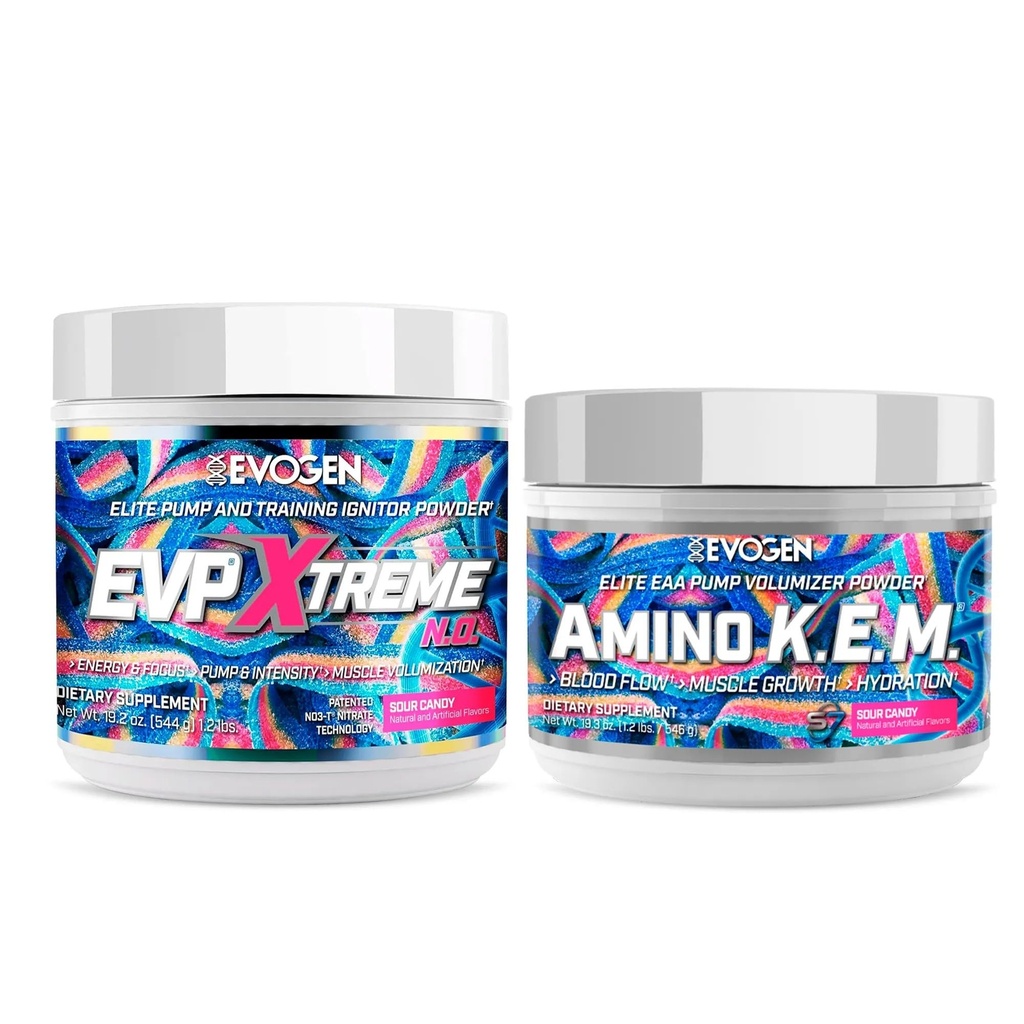 Evogen EVP Xtreme NO Amino K.E.M. Bundle - Pre Workout Powder & EAA / BCAA Pump Volumizer dla wzrostu mięśni, nawodnienia i wydajności 124; Sour Candy