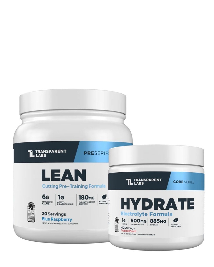 Transparent Labs Lean Pre- Workout (30 Służenia, Niebieski Malina) & Hydrate Electrolytes Powder (40 Służenia, Tropical Punch)