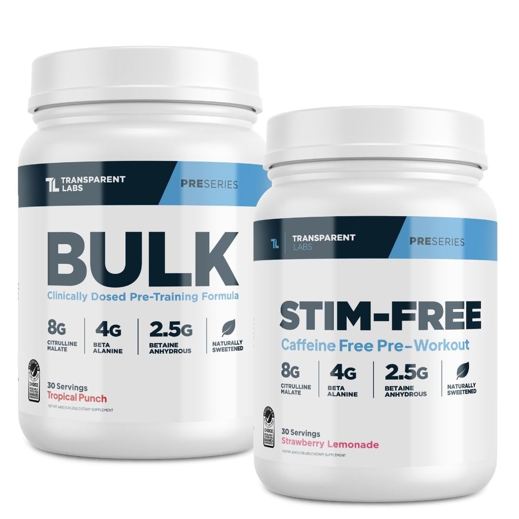 Transparent Labs luzem w proszku (30 Servings, Tropical Punch) i bez stymulacji w proszku (30 Servings, Truskawka Lemoniada)