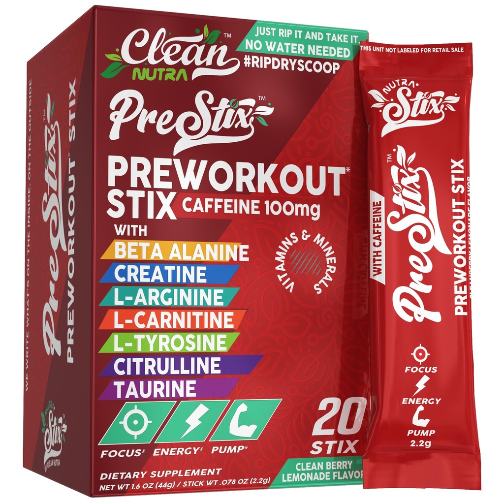 Czysty Nutraceuticals pre Workout Powder Energy Sticks - Kofeina 100mg, Energy Drink Mix, Monowodzian kreatyny, Beta Alanina, L- Cytrulina, L- Tyrozyna, L- Karnityna, Pakiety elektrolitu Nawadnianie 20 Ct