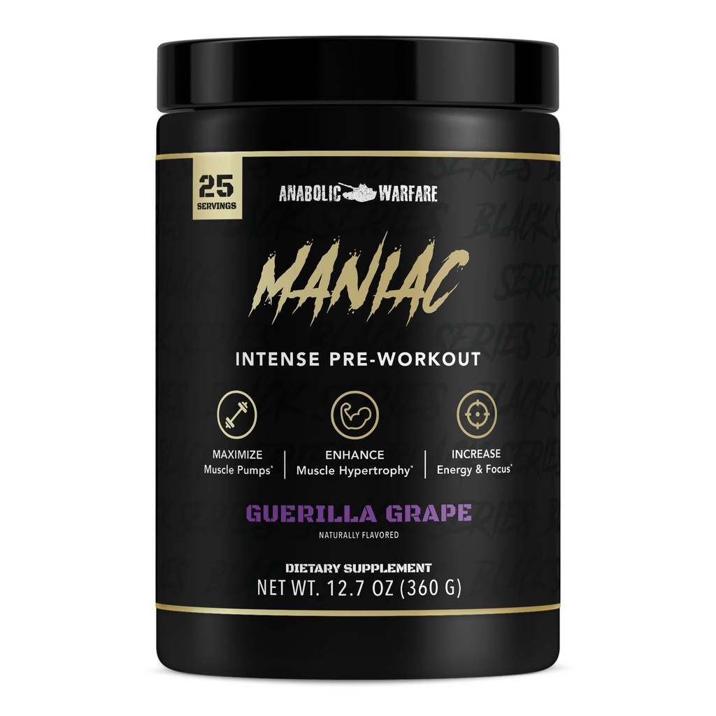 Anaboliczne Warfare Black Series Maniac, Pre- Workout Powder, Wspiera tlenek azotu, Pompy mięśniowe i Synteza protein * Guerilla Grape