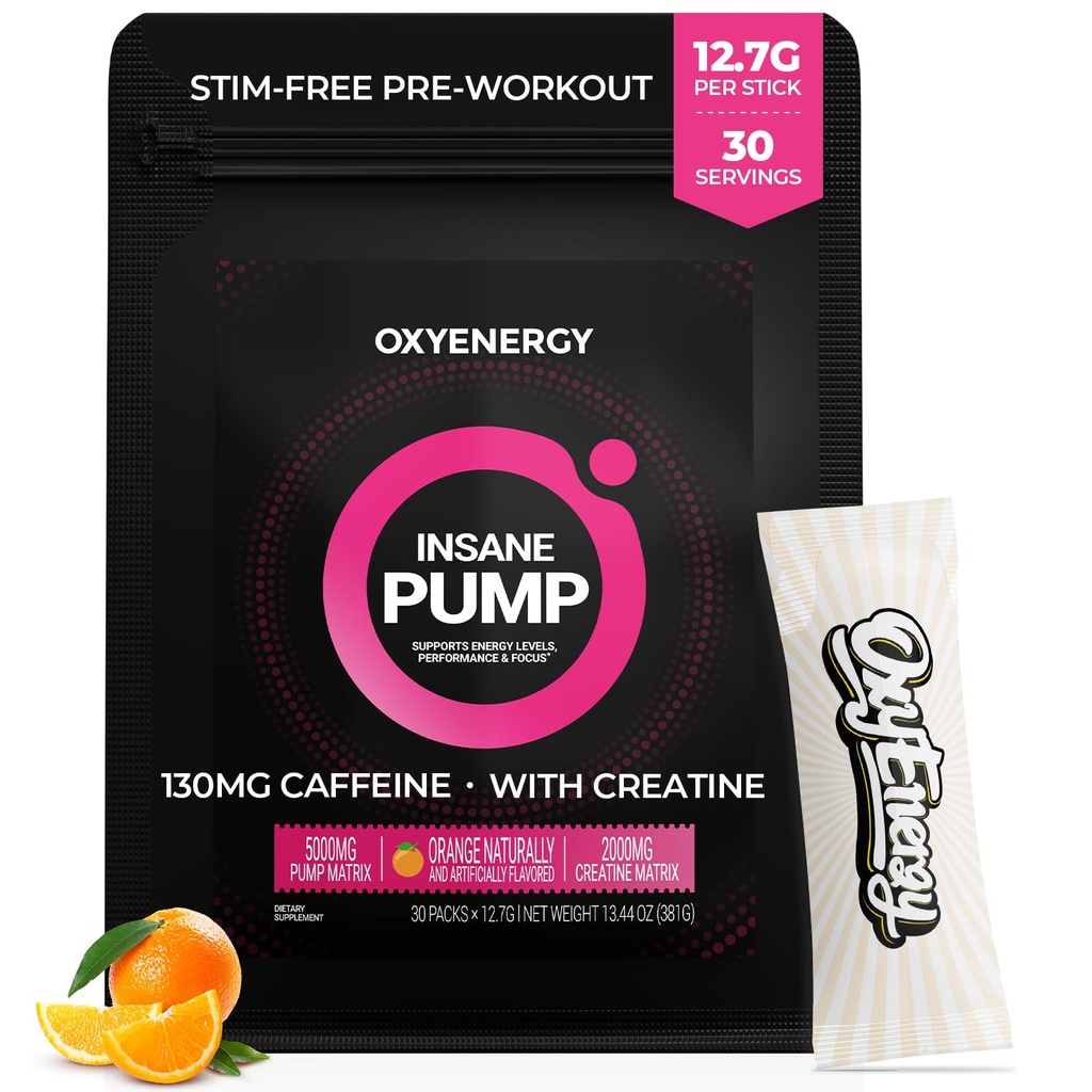 Proszek do przygotowania wstępnego OxyEnergy - Pomarańcza, Niska kofeina nie Stim 130 mg, Pakiety on- The- Go z Beta Alanine, Monowodzian i Tauryna dla wrażliwych użytkowników, Kobiety, Trening wieczorny - 30 Sług
