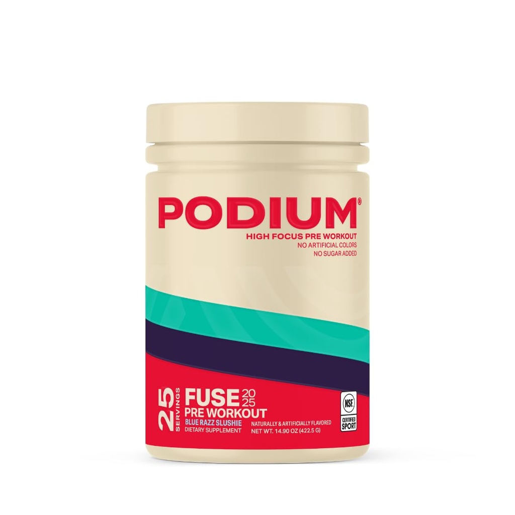 Podium Nutrition, Fuse 2025 Pre Workout Powder, Blue Razz Slushie, 25 Servings, Beta Alaine i kofeina dla energii, Gluten, Soy i Dairy Free