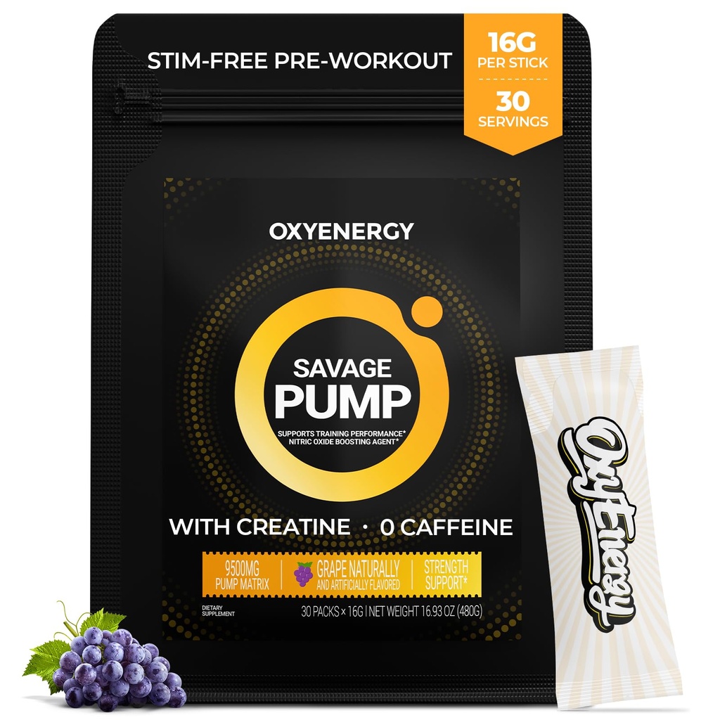 OxyEnergy Nitric Oxide Booster, Max Pomp Non Stim Pre Workout Proszek dla mężczyzn, z Beta Alanine, L Citruline, Kreatyna do cyrkulacji, Pompy mięśniowe, Wytrzymałość, Winogrona, Pakiety On- The- 30 Służenie